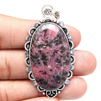 Pendant Rhodonite Gemstone Handmade Mother'Day Silver Jewelry 2.5" - Image 1 of 4
