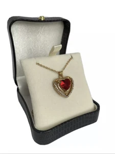 YELLOW GOLD FINISHED RED RUBY AND CREATED DIAMOND HEART CUT NECKLACE GIFT IDEA - Picture 1 of 6