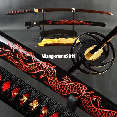 Espada afilada de navaja samurai japonesa katana de acero doblada dragón rojo Damasco 40"" Foto 1 de 4