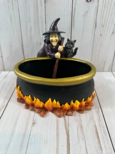 VTG,  Halloween Witch, Black Cat, Cauldron Candy Dish, Ceramic Black Painted - Picture 1 of 10