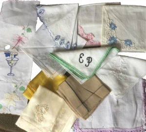 Handkerchiefs Lot 13 Scalloped Edges Floral Mix Silk Cotton Embroidery  VTG - Picture 1 of 3
