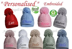 PERSONALISED BABY ECO SINGLE POM POM HAT KNITTED WINTER WHITE PINK BLUE GREY RED - Picture 1 of 12