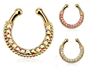 Septum Fake Ring Nasenring Piercing Gold Kristalle Weiss Rose & Aurora - Bild 1 von 4