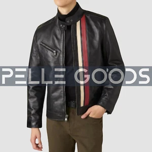 Herren Lederjacke schwarz Retro Racer Style gestreift Design Bikerjacke - Bild 1 von 5