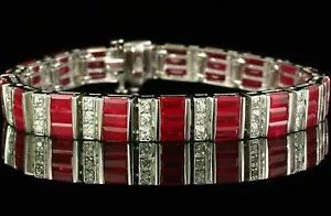 12CT Baguette Created Red Ruby 925 Silver Tennis Bracelet In White Gold Plated - Picture 1 of 9