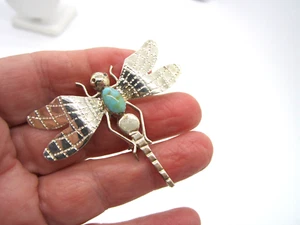 Estate Vintage Whimsical Dragonfly Sterling Silver Blue Turquoise Pin Brooch - Picture 1 of 4