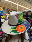 Ivory Cream Hat Floral & Bird Hand Painted in Juárez Mexico New Size Medium New