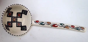LARGE  HAND PAINTED CERAMIC SOUP LADLE LONG HANDLE * SAFI POTTERY * RUSTIC - Picture 1 of 2