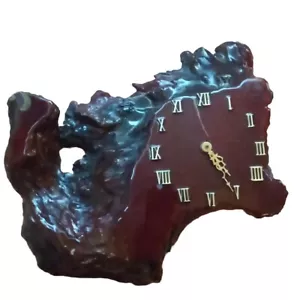 Burl Wood Wall Clock Vintage Redwood Slab Handcrafted 15×14 Brass Roman Numeral - Picture 1 of 13