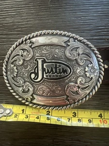 Justin Brand Trophy Belt Buckle 4'' x 3" Silver Rodeo Floral Western Cowboy - Picture 1 of 9
