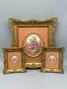 3er Set Vintage Fragonard Kamee Porzellan Plaketten verzierte Goldrahmen - Bild 1 von 15