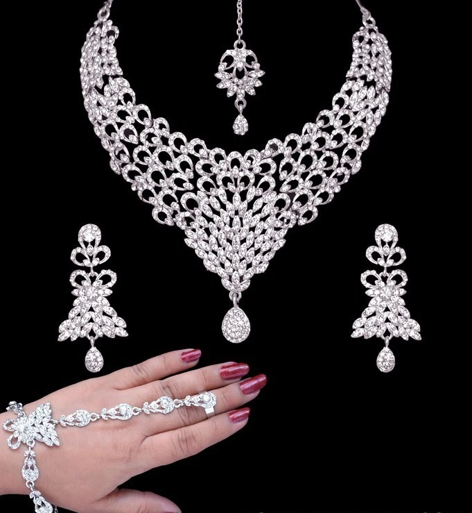 Etnico Danza Del Ventre Bollywood Pavone Bavaglino 5pz Argento Cristallo Sposa - Immagine 1 di 1