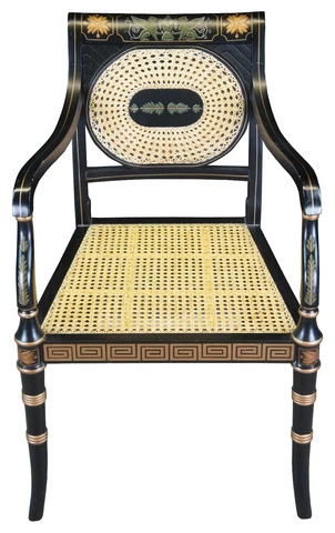 Vintage English Regency Black Lacquer & Gold Painted Occasional Caned Arm Chair Cover