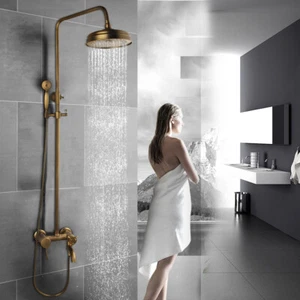 Bathroom Antique Brass Rain Shower Head Kit Hand Held Spray Mixer Faucet Units - Picture 1 of 12
