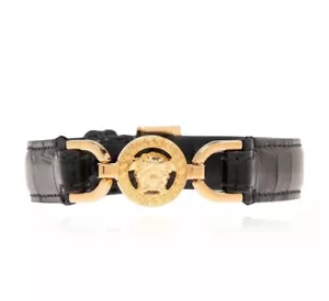 Versace Medusa '95 Embossed Croco Bracelet Black Gold Genuine Leather NIB - Picture 1 of 12