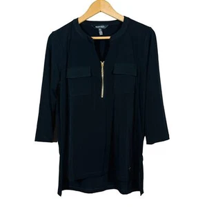 NUOVO! Camicetta mezza zip Ellen Tracy manica 3/4 tasche nera carriera casual - M - Foto 1 di 5