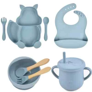 8PCS/Set Baby Sucker Bowl Plate Cup Bibs Spoon Fork Sets Children Feeding Dishes - Picture 1 of 51