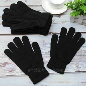 6 Pair Men's Women Black Thermal Warm Magic Winter Gloves Knit Elastic Stretchy - Picture 1 of 5