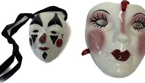 2 Vntg New Orleans Mardi Gras Porcelain Ceramic Painted Wall Hang Masks Signed