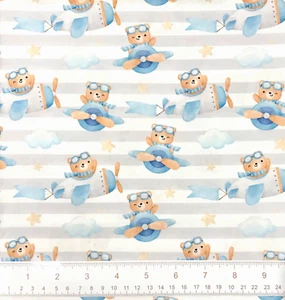Teddy’s Adventures Flying High on White Cotton Quilting Fabric Fat Quarters - Picture 1 of 1