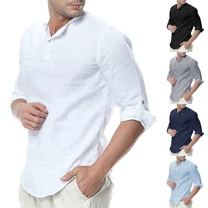 Spring/Summer Men's Cotton Linen Loose Casual Stand Collar Long Sleeve Shirt - Picture 1 of 46