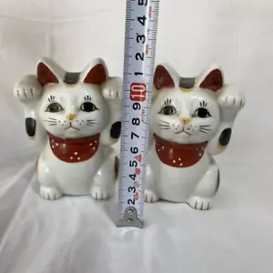 Maneki neko Lucky cat charm rare vintage 2 set Japanese traditional doll VTG mz - Picture 1 of 8