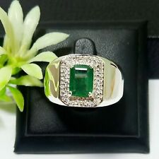 Men's 0.45CT Natural Green Zambian Emerald & CZ 935 Argentium Silver Ring