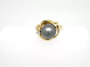 18k Yellow Gold, Genuine Tahitian Black Pearl, Diamond, Ring New size 6 - Picture 1 of 10