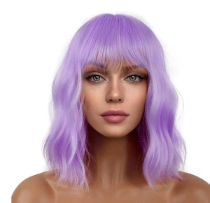 Lila lockige Bob Perücke mit Pony Synthetik Cosplay gewellt Kostüm Perücke Damen - Bild 1 von 3