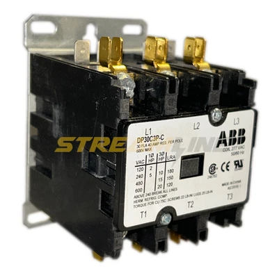 Contactor de propósito definido ABB DP30C3P-C, 30 amperios, 3 polos, bobina 277 VAC, 1Ø y 3Ø Foto 1 de 4