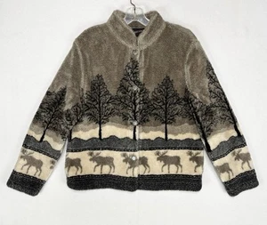 Vtg 90s Black Diamond Fleece Sweater Women's XL Brown Moose Print Nature Buttons - Picture 1 of 14
