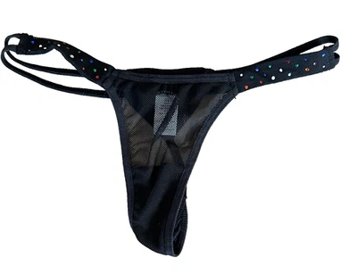 Bragas Tanga Vintage Y2K Nuevas Sin Etiquetas Negras con Brillos Arco Iris Malla 5/S Pequeñas Foto 1 de 4