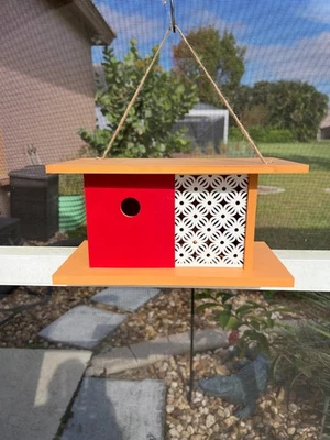 Wooden Mid-Century Modern Red Bird House Birdhouse with Lattice Outdoor Decor - Image 1 of 4