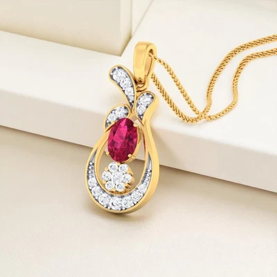 1.20 Carats F/VS1 Round Brilliant Cut Natural Diamonds Ruby Necklace in 14K Gold - Image 1 of 4