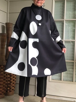 LAGENLOOK ARTSY BOHO NEGRO BLANCO ESTAMPADO ABSTRACTO TÚNICA/VESTIDO + COLLAR  Foto 1 de 3