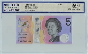 AUSTRALIA 5 Dollars 2016, P-62 QEII Polymer, WBG 69 TOP, Superb Gem UNC. - Picture 1 of 2