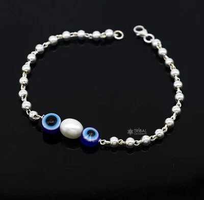 Pulsera de plata de ley 925 hecha a mano plata con cuentas mal de ojo sbr470 Foto 1 de 4