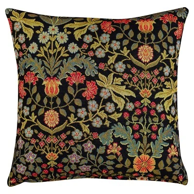 Trailing Leaves and Berries Morris Style Cushion. 17x17" Square. Deep Black. - Image 1 of 3