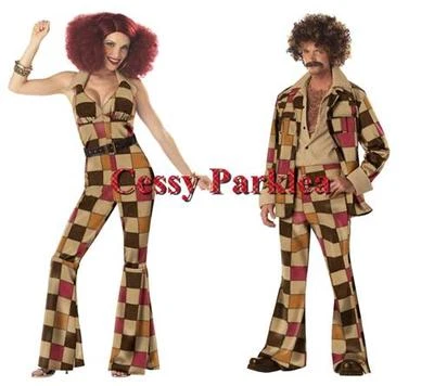 Disco Men & Girl 70s 80s Ladies Jumpsuit & Men's Leisure Suit Couple's Costumes - Image 1 of 3