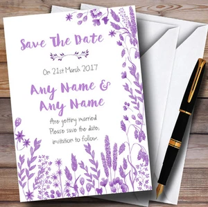 Dusty Purple Autumn Leaves Watercolour Personalised Wedding Save The Date Cards - Picture 1 of 1