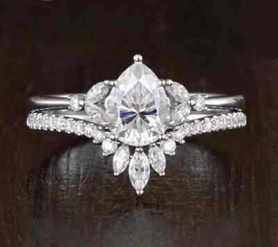 Engagement Ring Bridal Set 14K White Gold 2.50CT Pear Cut Moissanite Size 7.5 - Image 1 of 4