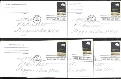 NASA 1969 APOLLO 8 US #1371 MOON SURFACE EARTH ORBIT 6c STAMP 5 FIRST DAY ISSUES - Image 1 of 4