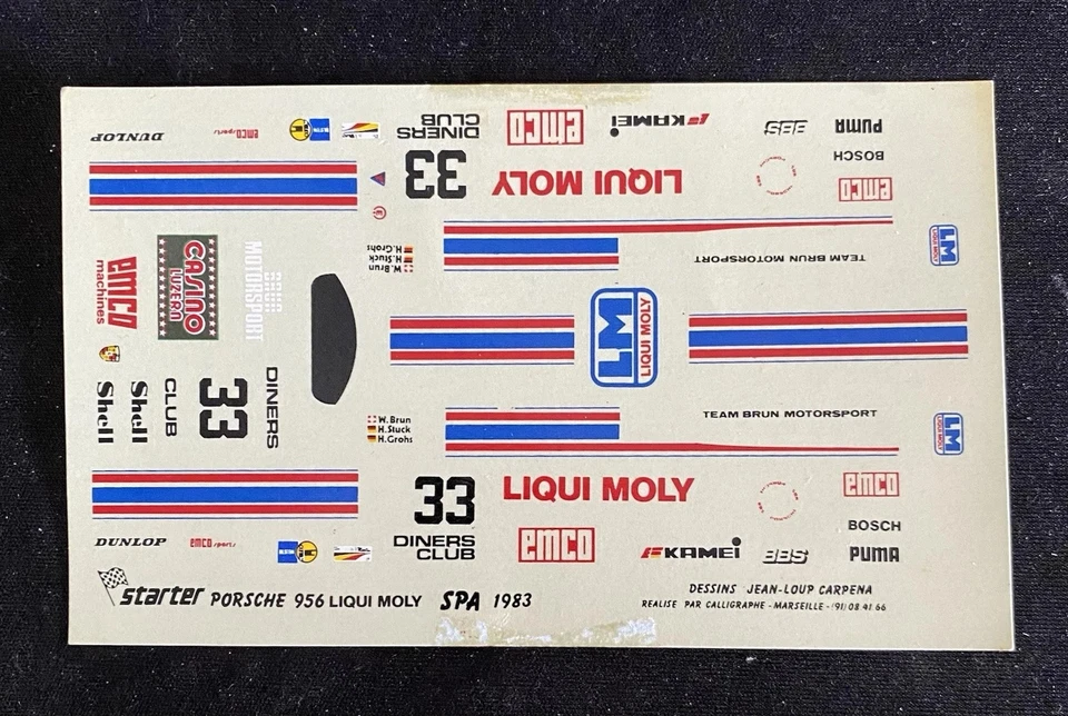 PORSCHE 956 K Kremer Liqui Molly n°33 Spa 1000 Km 1983 Starter DECALS 1/43 - Immagine 1 di 1