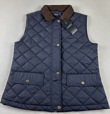 NEW RALPH LAUREN Size M Women's Vest Dark Navy Quilted Corduroy Collar $160 - Image 1 of 4