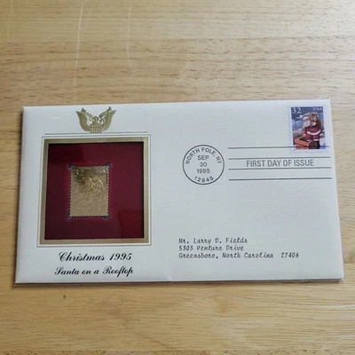 Navidad 1995 Papá Noel en una azotea oro 22kt réplica sello primer día con tarjeta Foto 1 de 4