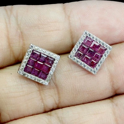 925 Sterling Silver Earrings Princess Ruby White Topaz Natural Gemstone Jewelry - Image 1 of 4