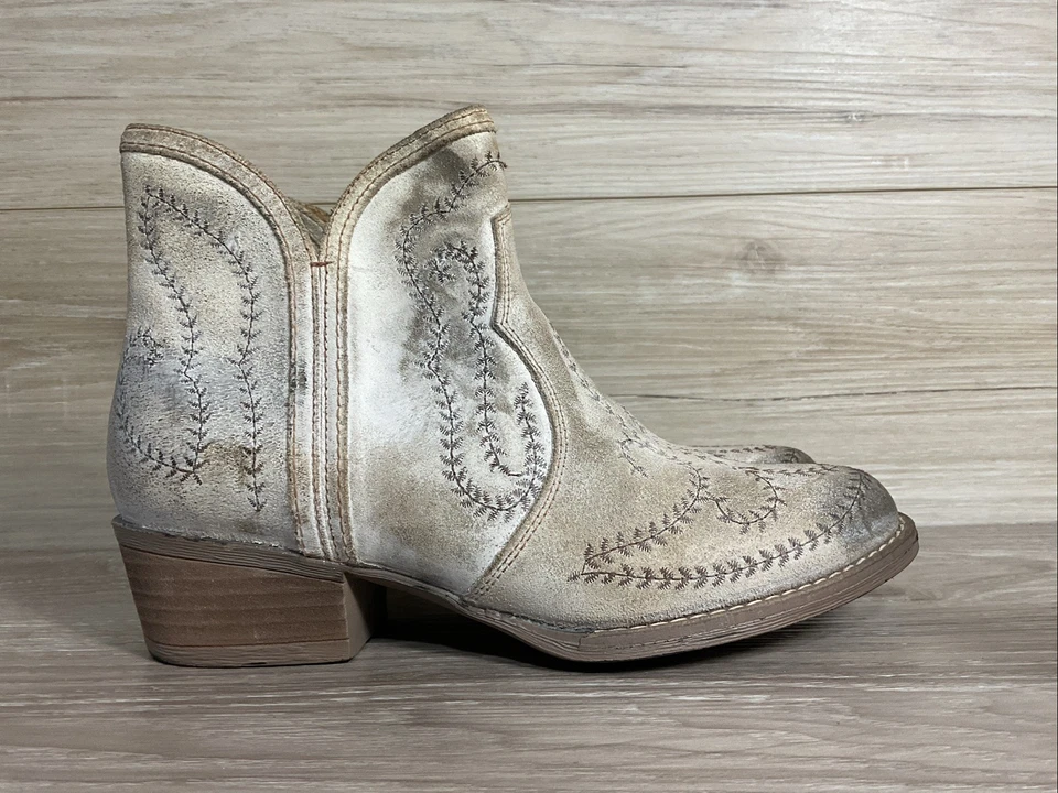 Sterling River Womens 8 Taupe White Embroidered Western Cowgirl Boots Distressed - Image 1 of 4