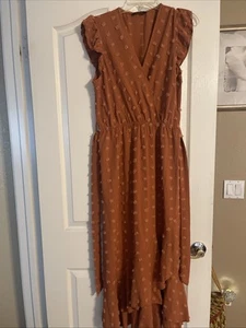 BTFBM BRAND BROWN RUFFLE SLEEVE HI-LOW HEM DRESS SZ M - Picture 1 of 7