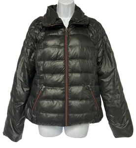 GUESS Women Size L Down Puffer Jacket Black Lightweight Quilted Coat Red Zipper - Picture 1 of 13
