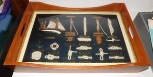 NEAT NAUTICAL THEME SHADOW BOX SERVING TRAY MODEL SHIP ROPE KNOTS & MORE - Picture 1 of 7